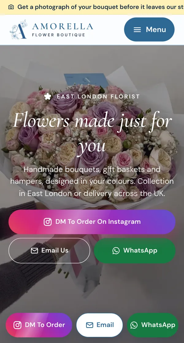 Amorella Flower Boutique website on a phone