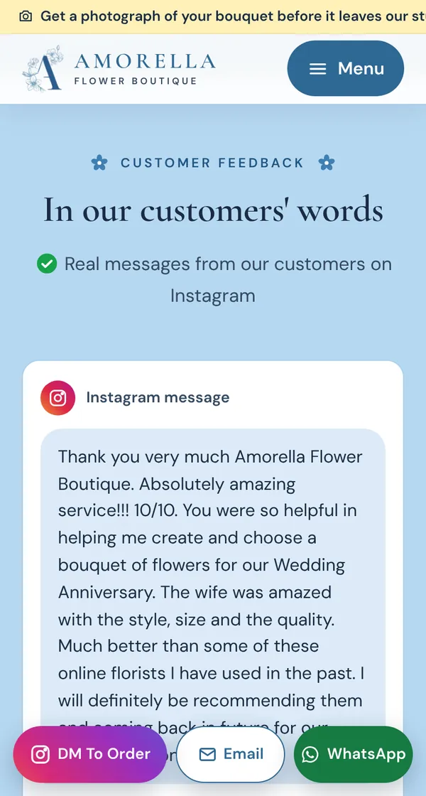 Amorella Flower Boutique website on a phone, further down the page
