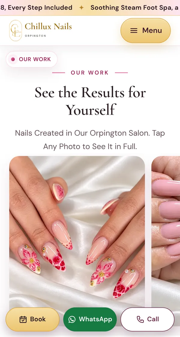 Chillux Nails website on a phone, further down the page