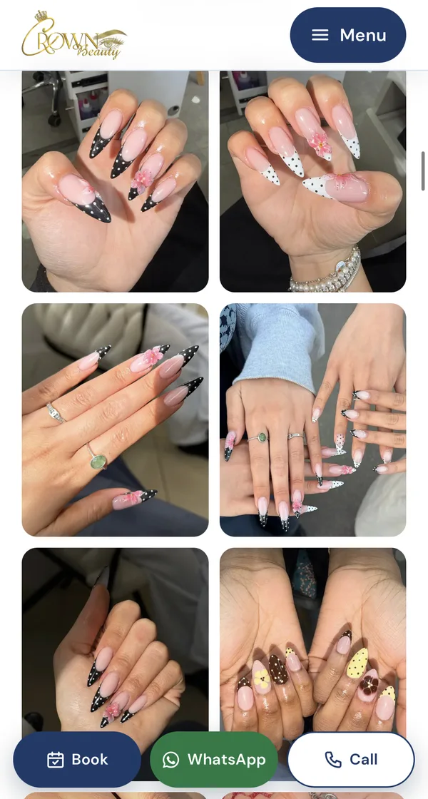 Crown Beauty website on a phone, showing nail photos and Book, WhatsApp and Call buttons