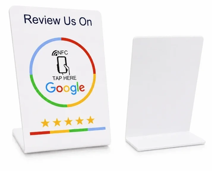 Klink NFC review card in stand, side view