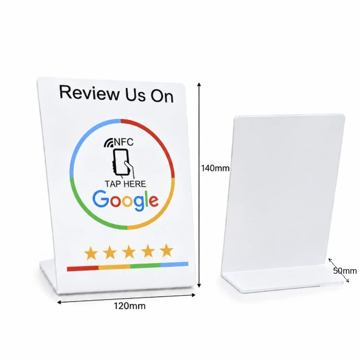 Klink NFC review card stand dimensions, 140mm height, 120mm width, 50mm base depth